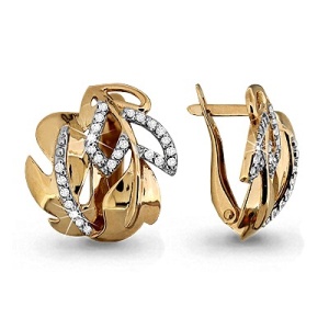 Серьги листья с фианитами, 585 пробы