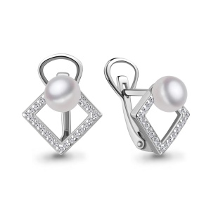 Серьги квадраты с жемчугом и фианитами, 925 пробы
