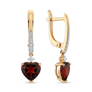 Серьги "Сердце" с гранатом и фианитами, 585 пробы