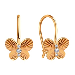 Серьги бабочки с фианитами 585 пробы