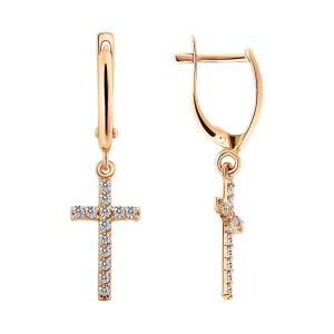 Серьги кресты с фианитами, 585 пробы