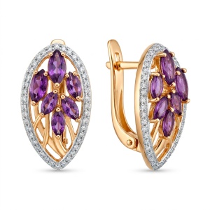 Серьги аметисты и фианиты, 585 пробы
